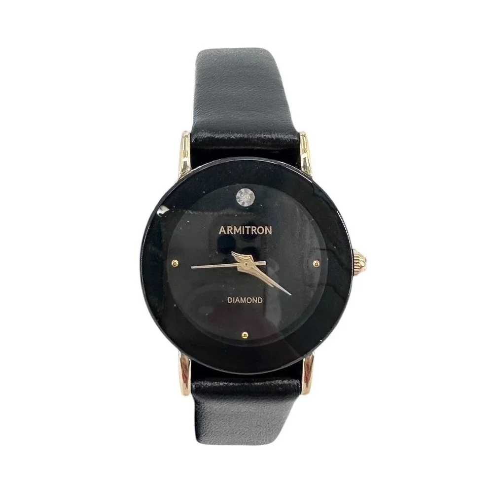 Armitron Womens Diamond Accent Watch Black Leather Watch Gold Tone New